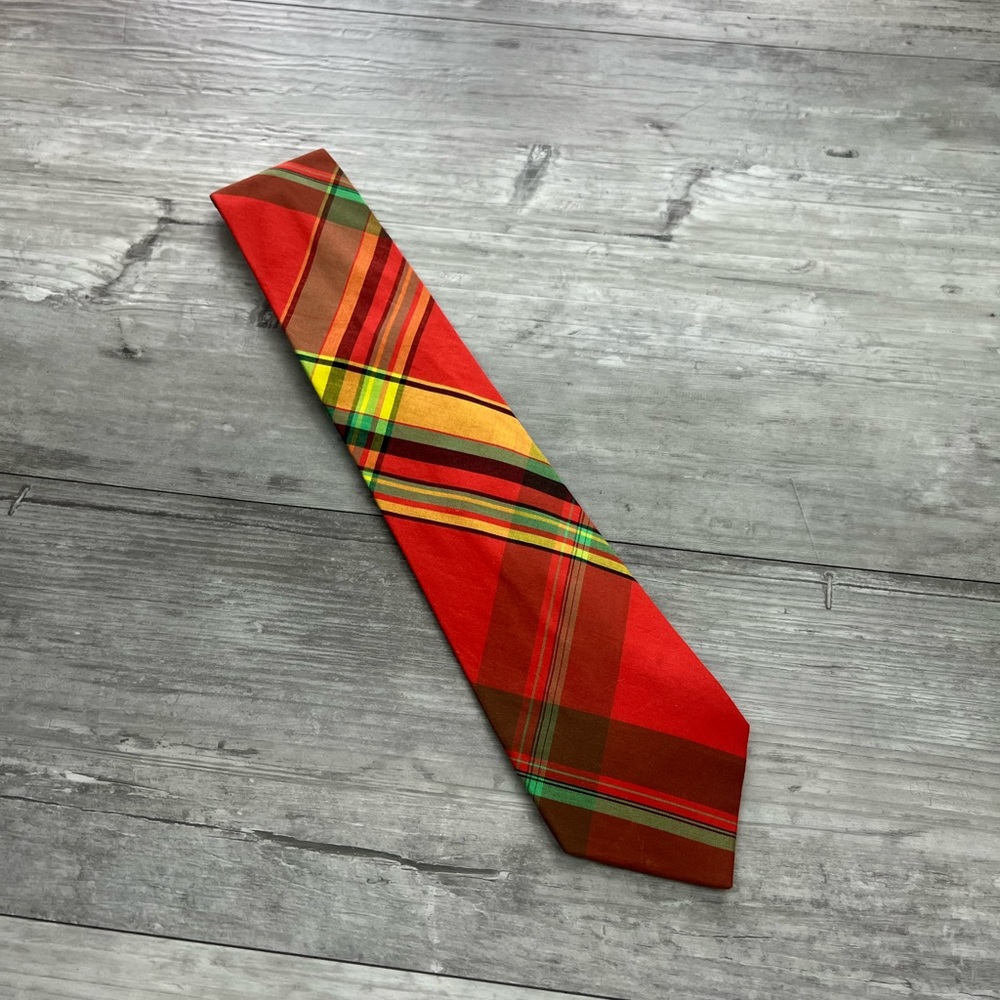 Menz Orange/Red, Green & Gold Plaid Silk Tie